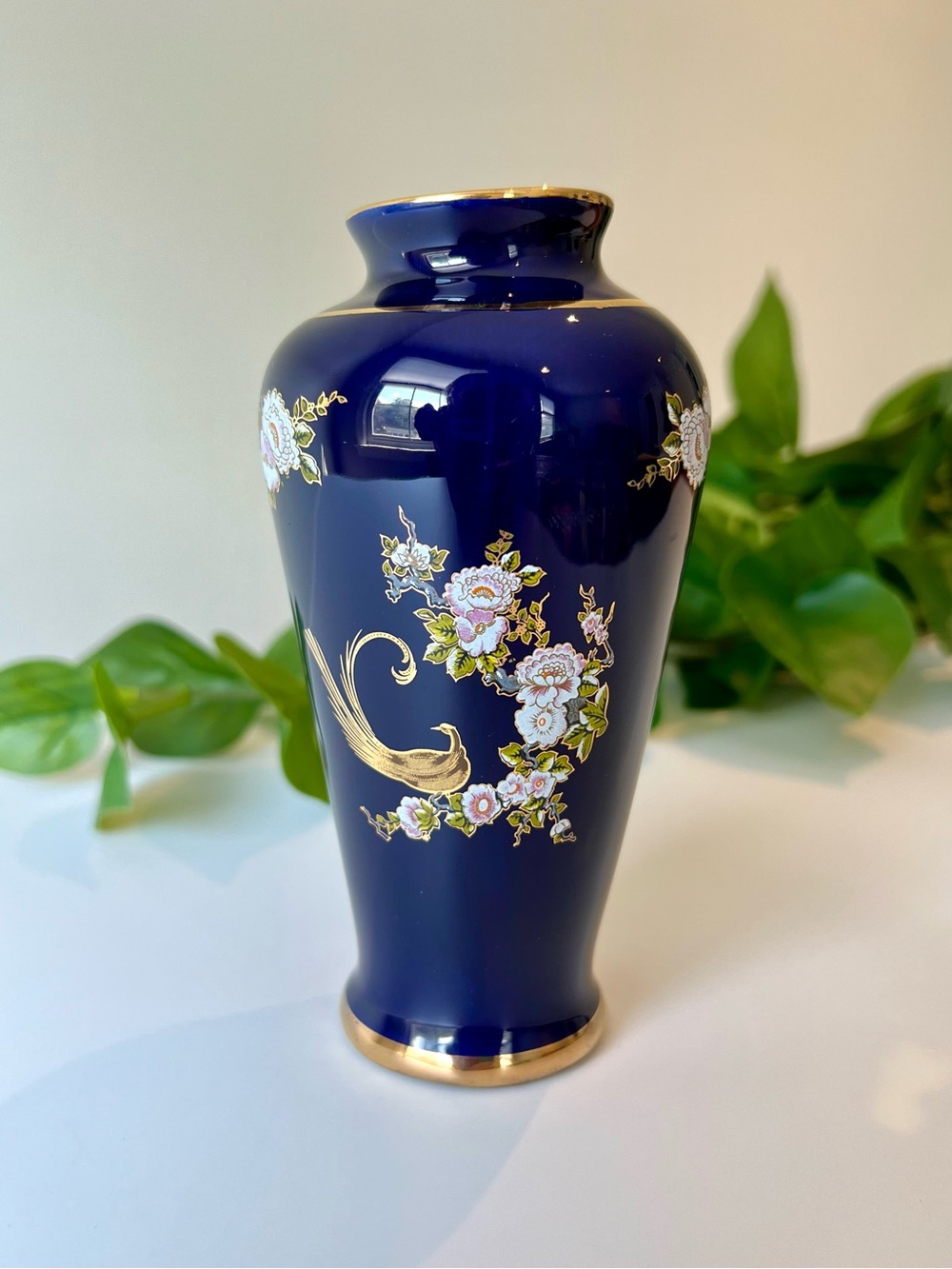 Vintage Cobalt Blue Porcelain Vase 6” Gold Pheasant Bird Floral Japanese Export